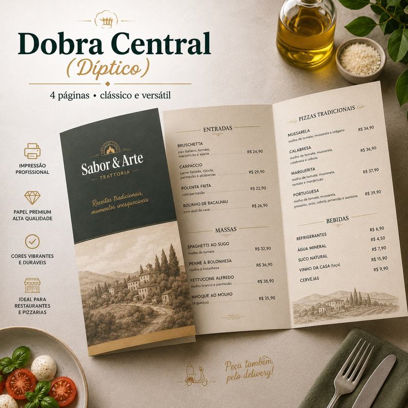 Cardápio personalizado com dobra central em quatro páginas