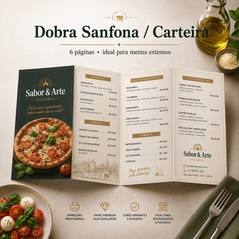 Cardápio com dobra sanfona de seis páginas