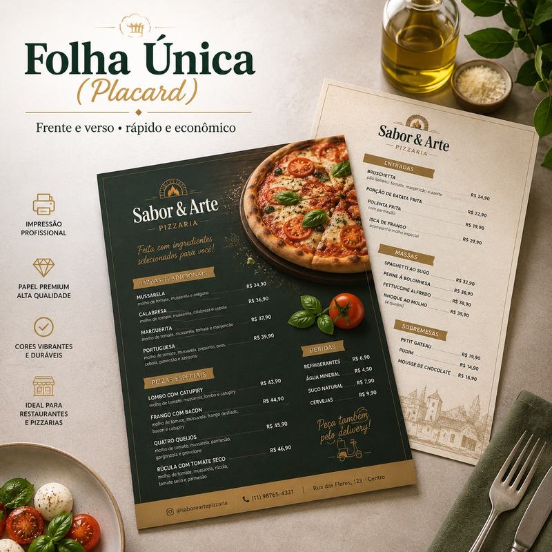 Cardápio personalizado em folha única frente e verso