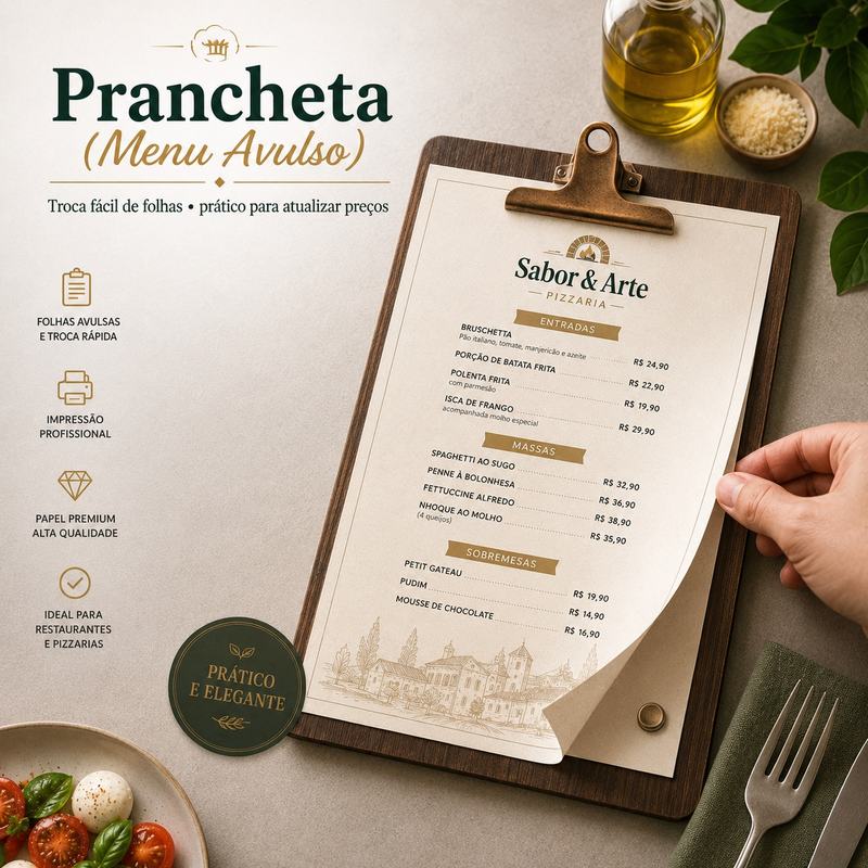 Prancheta personalizada para menu de folhas avulsas